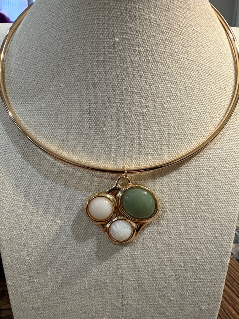Anthropology Gold Collar Necklace with Green and White Stone Pendant